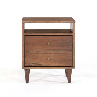 Farmhouse Rustic Walnut Mid Century 2 Drawer Nightstand