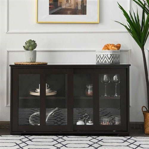 Brown Wood Buffet Kitchen Dining Sideboard Storage Cabinet w/ Glass Sliding Door