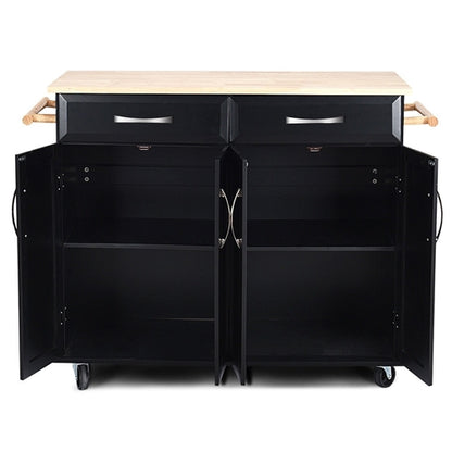 Black Kitchen Island Storage Cabinet Cart with Wood Top and Wheels