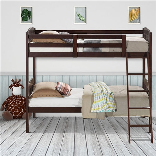 Twin over Twin Wooden Bunk Bed with Ladder in Dark Brown Finish