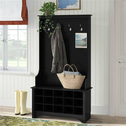 Black Entryway Hall Tree Shoe Cubbie Coat Rack