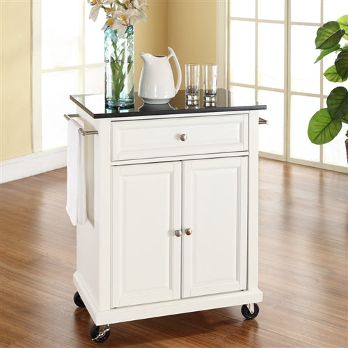 White Kitchen Cart with Granite Top and Locking Casters Wheels