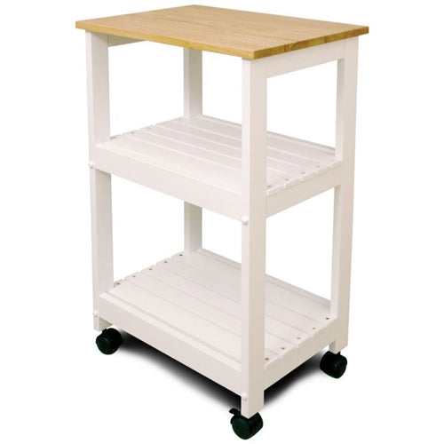 White Kitchen Microwave Cart with Butcher Block Top & Locking Casters