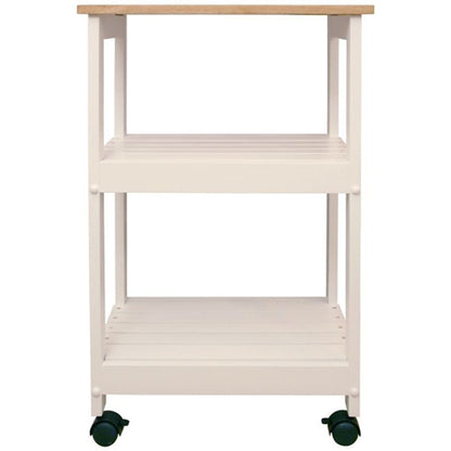 White Kitchen Microwave Cart with Butcher Block Top & Locking Casters