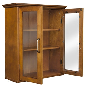 Oak Finish Bathroom Wall Cabinet with Glass 2-Doors & Shelves