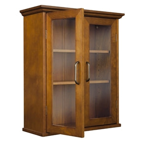 Oak Finish Bathroom Wall Cabinet with Glass 2-Doors & Shelves