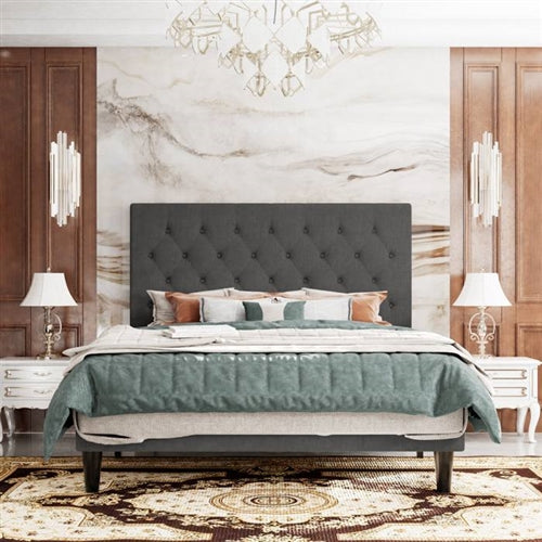 Adjustable Height Grey Linen Tufted Low Profile Platform Bed