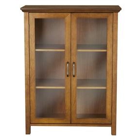 Oak Finish Bathroom Floor Cabinet with 2 Glass Doors & Storage Shelves