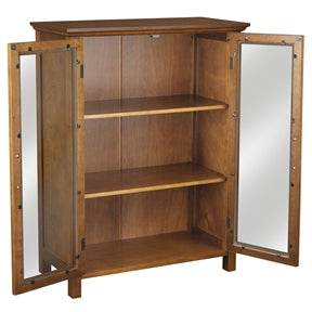 Oak Finish Bathroom Floor Cabinet with 2 Glass Doors & Storage Shelves