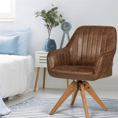 Faux Leather Swivel Accent Chair with Solid Wood Legs - Brown