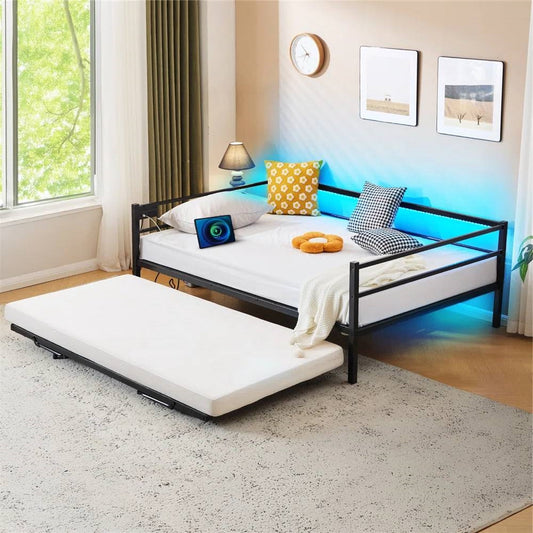 Full size Black Metal Daybed with Twin size Pop Up Trundle and LED Lights