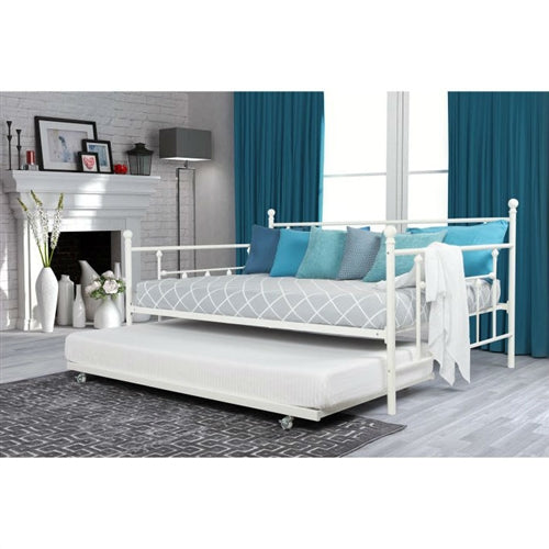 White Metal Daybed Frame with Roll-Out Trundle Bed