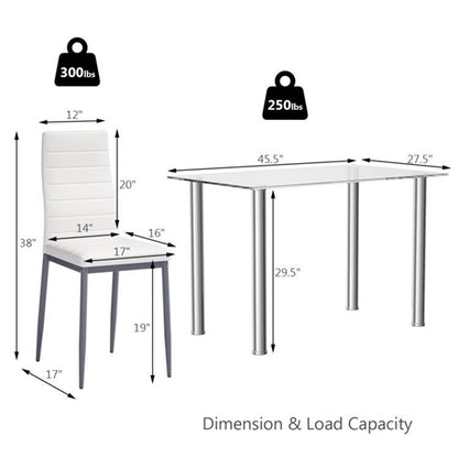 Modern 5-Piece Dining Set with Glass Top Table and 4 White PVC Leather Chairs