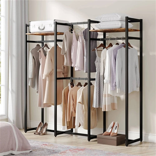 Black Metal Garment Rack with 4 Clothes Hanging Rods and 2 Wood Storage Shelves