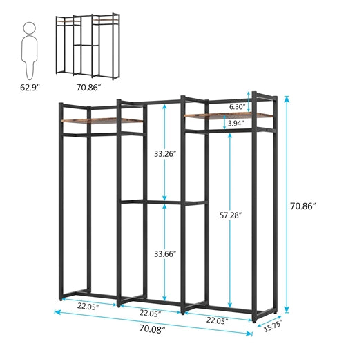 Black Metal Garment Rack with 4 Clothes Hanging Rods and 2 Wood Storage Shelves