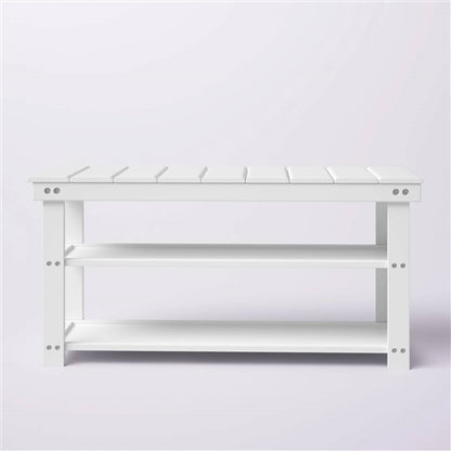 White Slatted Wood 2-Shelf Shoe Rack Storage Bench For Entryway or Closet