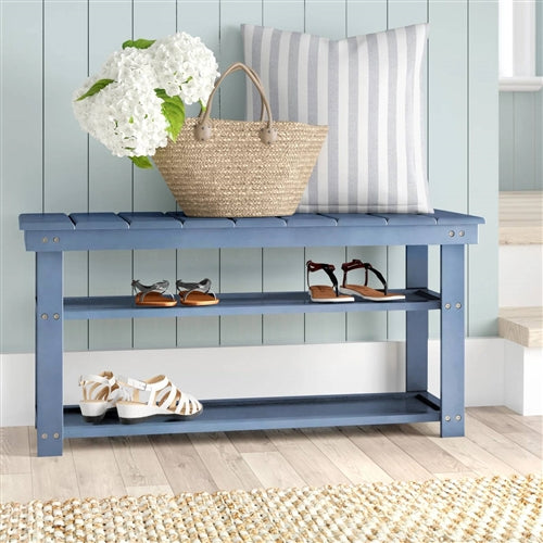 Blue Wood 2-Shelf Shoe Rack Storage Bench - 150 lbs. Weight Capacity