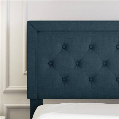 Adjustable Height Platform Bed Frame with Blue Upholstered Headboard