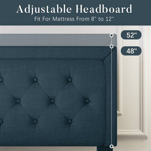 Adjustable Height Platform Bed Frame with Blue Upholstered Headboard