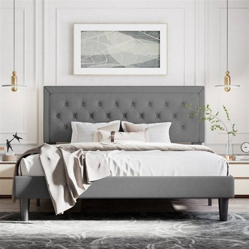 Dark Grey Linen Upholstered Platform Bed with Button-Tufted Headboard