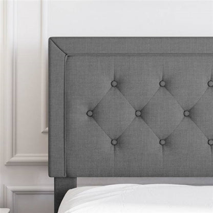 Dark Grey Linen Upholstered Platform Bed with Button-Tufted Headboard