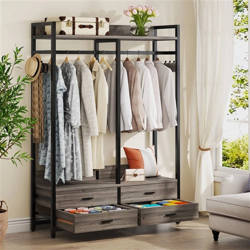 Modern Grey Black Garment Rack with Clothes Hanging Rod and 4 Storage Drawers