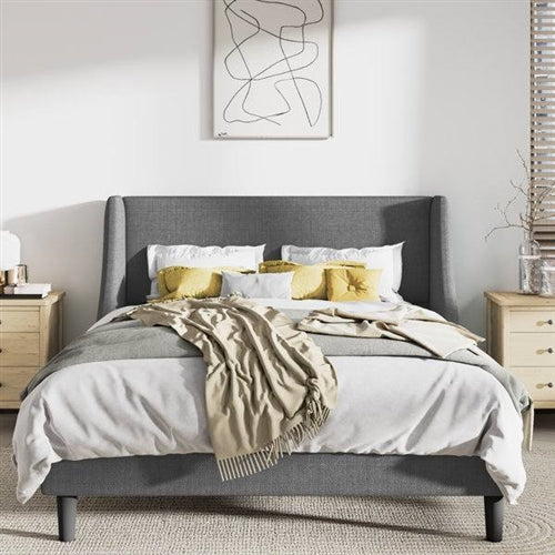 Upholstered Linen Blend Headboard Wingback Platform Bed in Grey