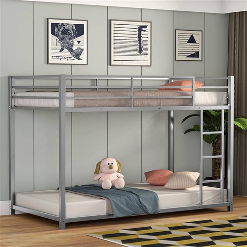 Twin over Twin Low Profile Modern Bunk Bed in Silver Metal Finish