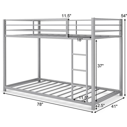 Twin over Twin Low Profile Modern Bunk Bed in Silver Metal Finish