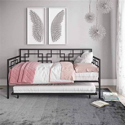 Black Metal Daybed Frame with Twin Pull-Out Trundle Bed