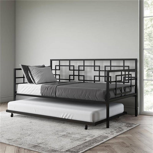 Black Metal Daybed Frame with Twin Pull-Out Trundle Bed