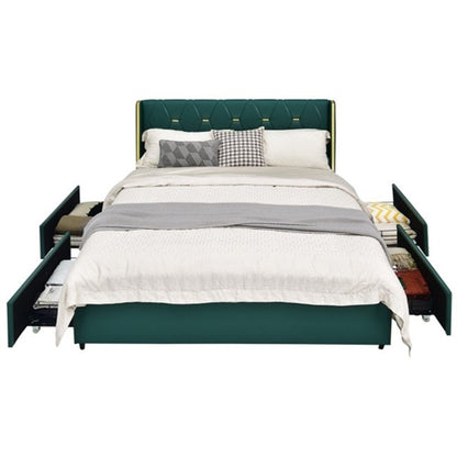 Green/Gold Linen Headboard 4 Drawer Storage Platform Bed