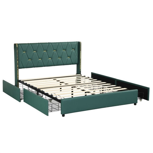 Green/Gold Linen Headboard 4 Drawer Storage Platform Bed