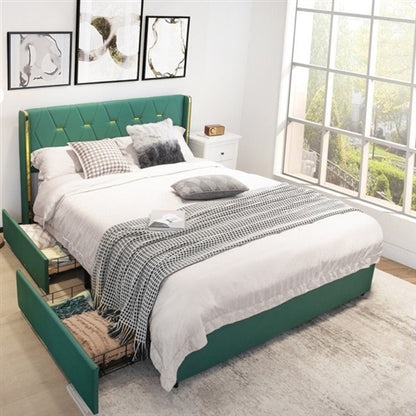 Green/Gold Linen Headboard 4 Drawer Storage Platform Bed