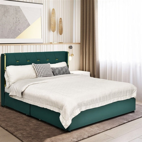 Green/Gold Linen Headboard 4 Drawer Storage Platform Bed