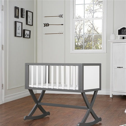 Solid Wood Rocking Baby Glider Cradle with Crib Mattress in Grey White Finish