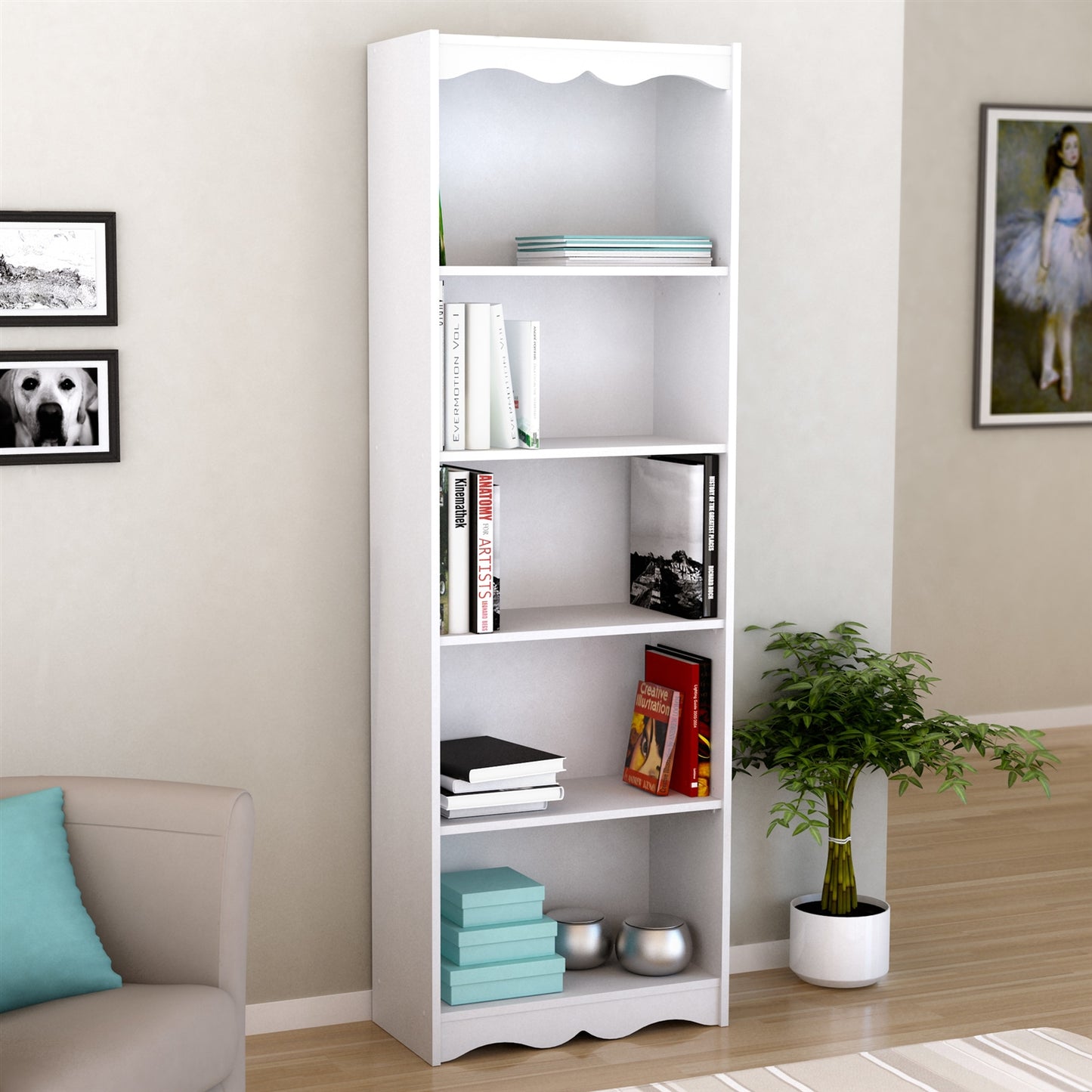 White 72-inch High Bookcase with Soft Arches and 5 Shelves