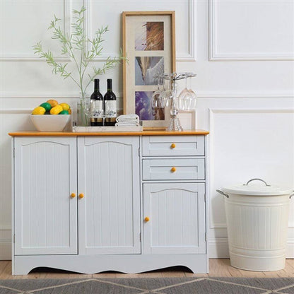 White Sideboard Buffet Cabinet with Light Wood Finish Top and Knobs