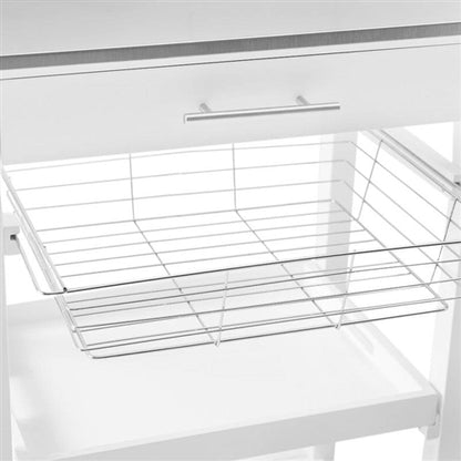 White Stainless Steel Top Kitchen Cart with Drawer and Storage Shelves