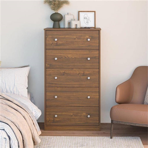 Modern 5-Drawer Bedroom Chest of Drawers in Rustic Walnut Wood Finish