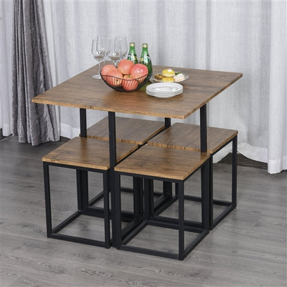 Farmhouse 5 Piece Square Walnut Wood Steel Kitchen Dining Set