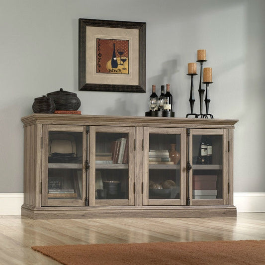 Salt Oak Wood Finish TV Stand with Tempered Glass Doors - Fits up to 80-inch TV