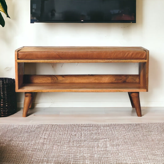 Oak-ish Bench with Tan Leather Seatpad