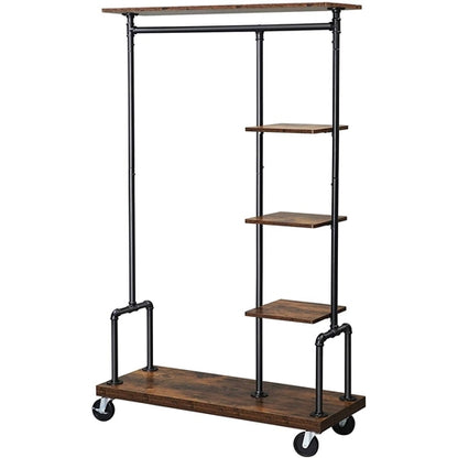 Farmhouse 5 Tier Laundry Pipe Garment Closet Rack Wheels