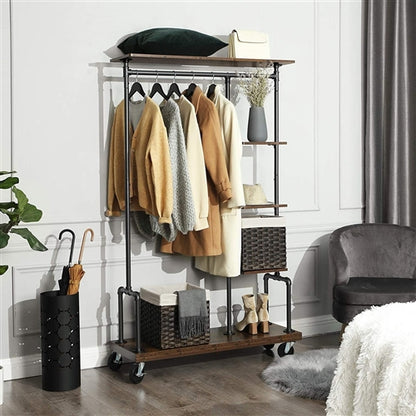 Farmhouse 5 Tier Laundry Pipe Garment Closet Rack Wheels