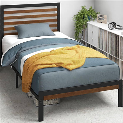 Twin Metal Platform Bed Frame with Bamboo Wood Slatted Headboard and Footboard