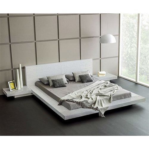 King Modern Platform Bed with Headboard in Ash White