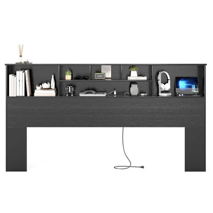 King size Bookcase Headboard in Black Wood Finish with LED Lights