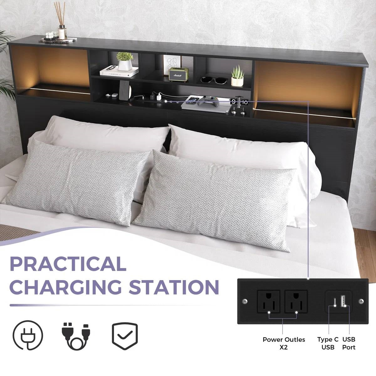 King size Bookcase Headboard in Black Wood Finish with LED Lights