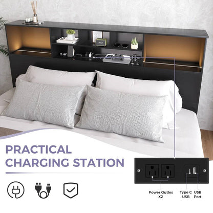 King size Bookcase Headboard in Black Wood Finish with LED Lights